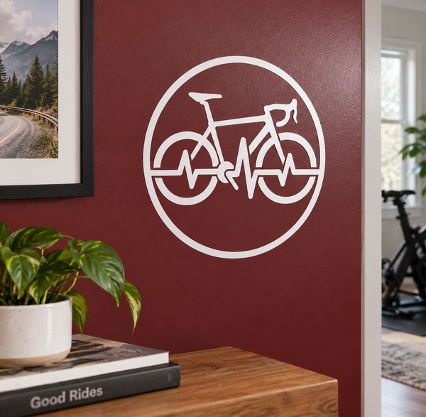 Cycling rhythm badge vinyl decal with white circular bike and waveform