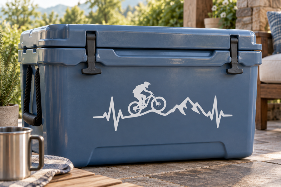 White mountain biking pulse line vinyl decal with rider silhouette, bike, mountains, waveform