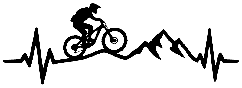 Black mountain biking pulse line vinyl decal with rider on bike, mountains, heartbeat waveform