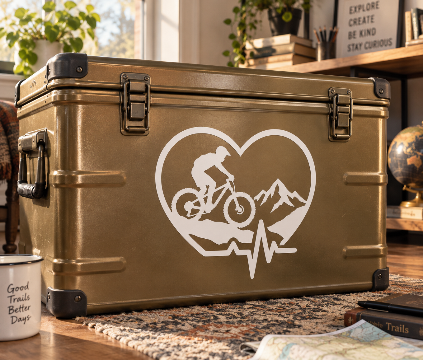 White mountain biking heart vinyl decal with heartbeat line and mountain silhouettes