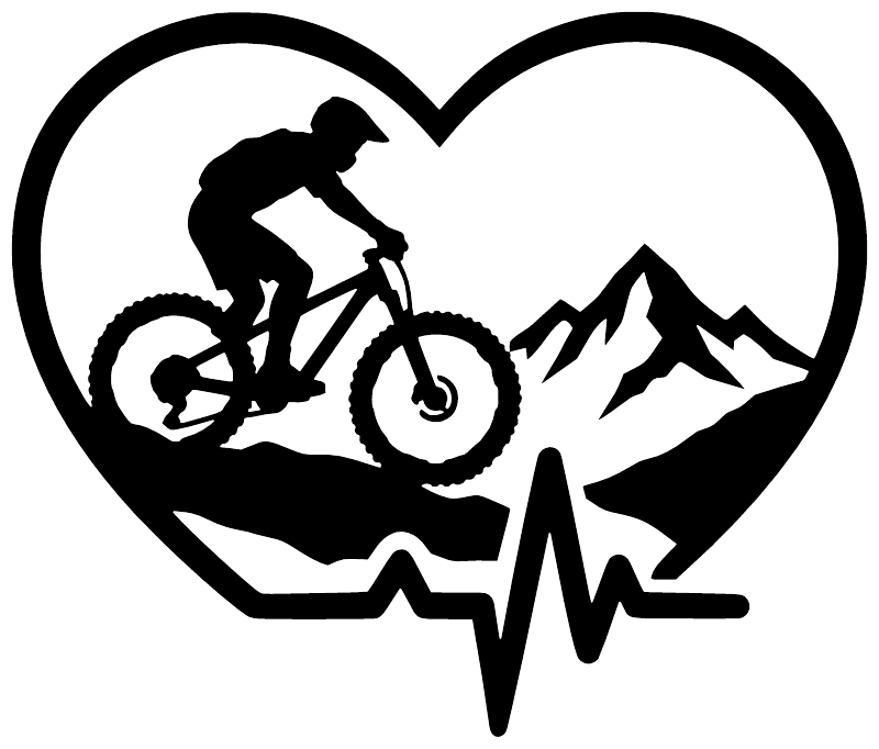 Black mountain bike heart vinyl decal with heartbeat line and mountain silhouettes