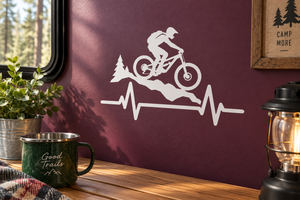 Mountain biking athlete pulse vinyl decal, white biker silhouette with heartbeat line