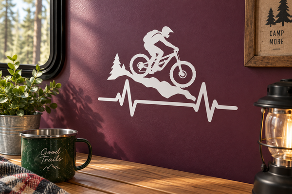 Mountain biking athlete pulse vinyl decal, white biker silhouette with heartbeat line