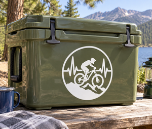 Vinyl decal badge with white circular border, heartbeat line, and mountain biker icon