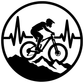 Mountain biking vinyl decal with black rider silhouette, heartbeat waveform, and white circle
