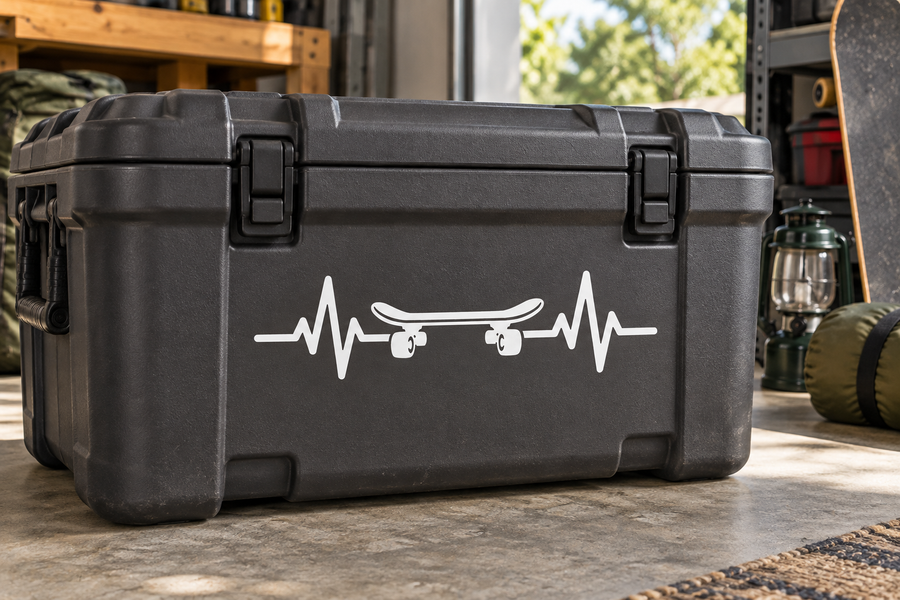 Skateboard pulse line vinyl decal on a dark hard case with white heartbeat line graphic