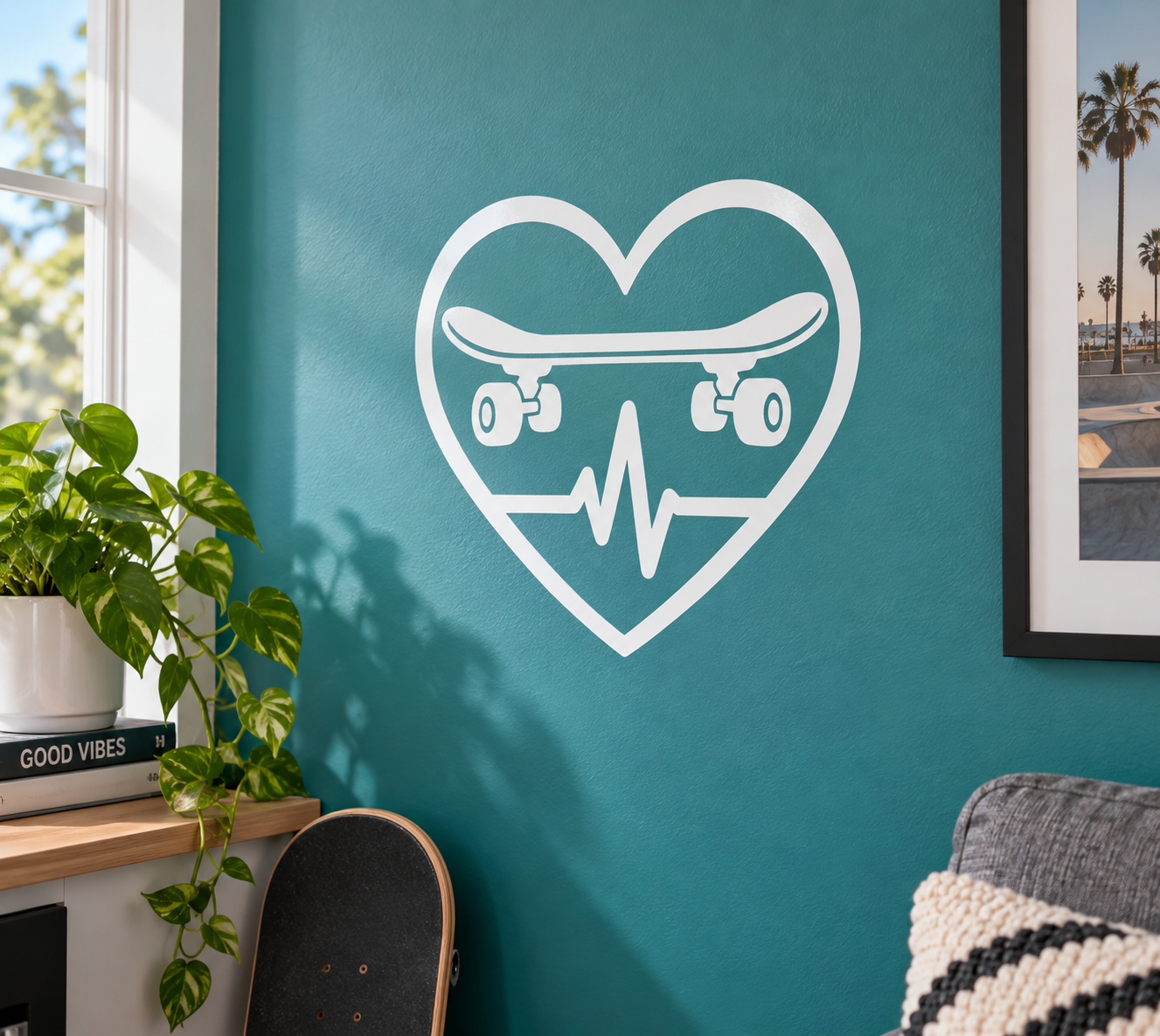 White heart-shaped vinyl decal with skateboard icon and heartbeat line