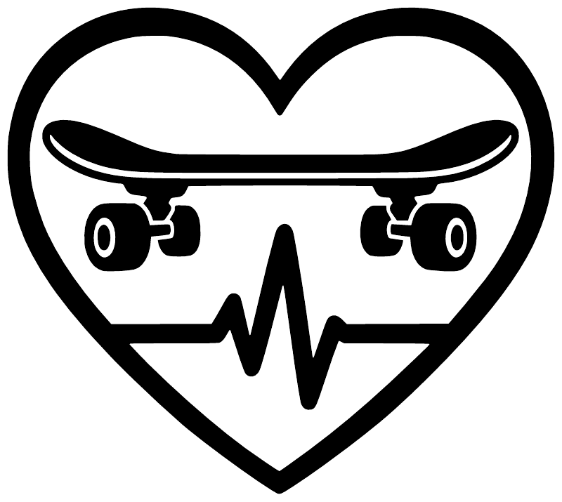 Heart-shaped skateboard vinyl decal with black outline, skater wheels, and heartbeat
