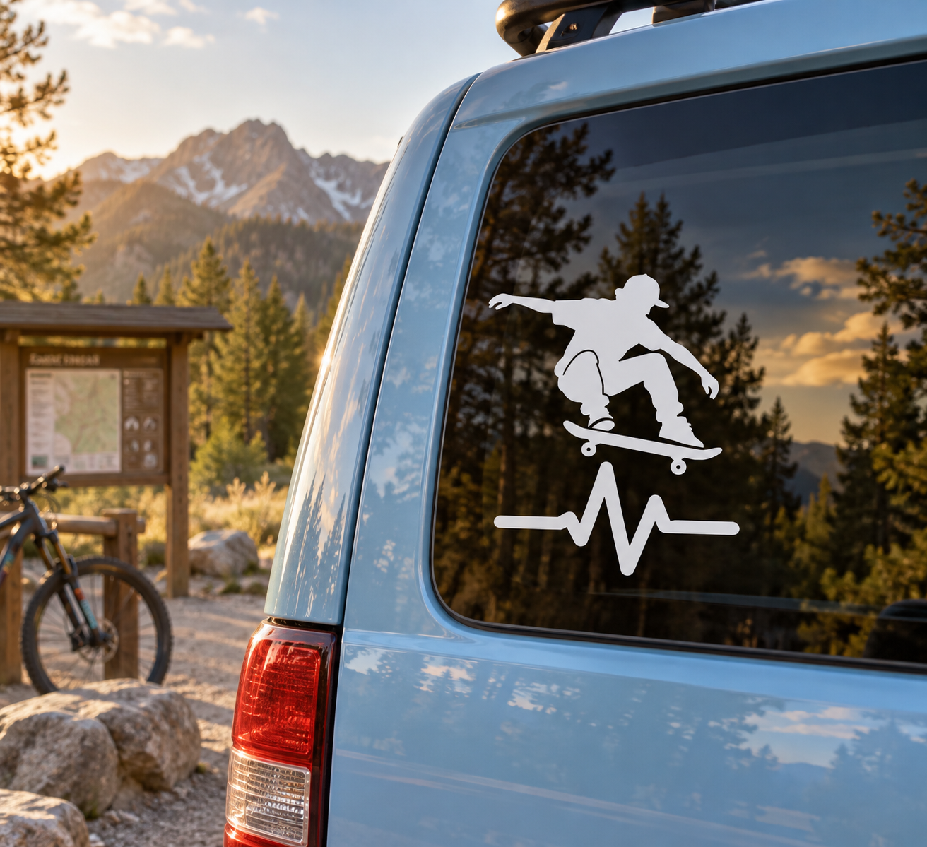 Skateboarding athlete pulse vinyl decal on car window, white skateboarder with heartbeat line