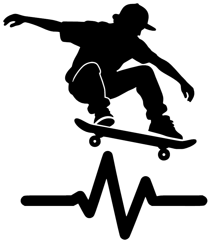 Skateboarding athlete pulse vinyl decal, black skateboarder silhouette with heartbeat line