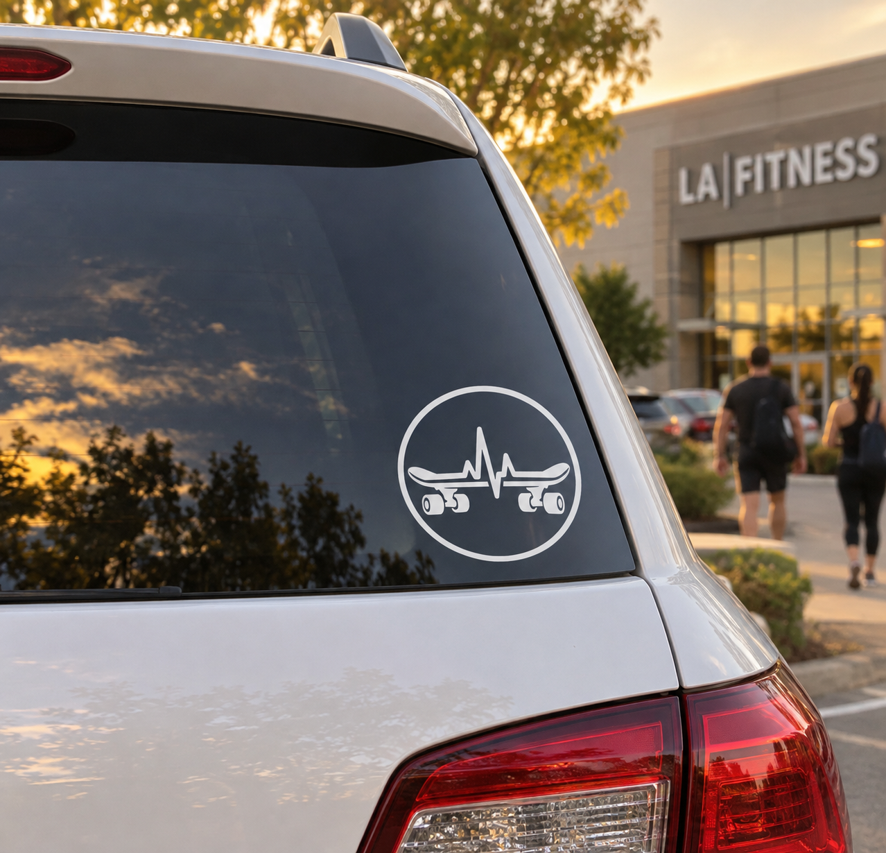 Circular skateboarding rhythm badge vinyl decal with black skateboard and heartbeat icon