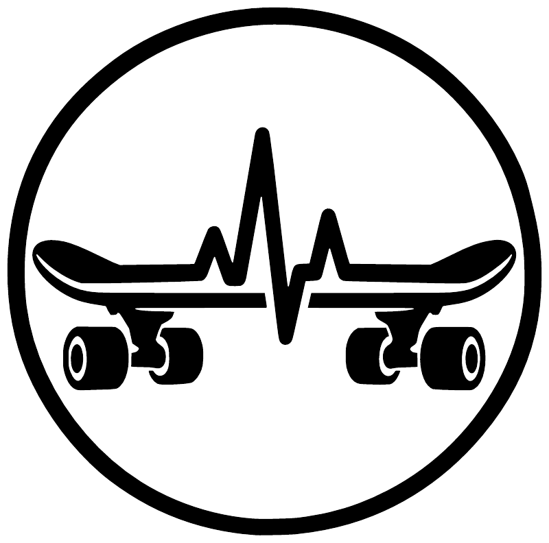 Round vinyl decal logo: black skateboard silhouettes with heartbeat line inside