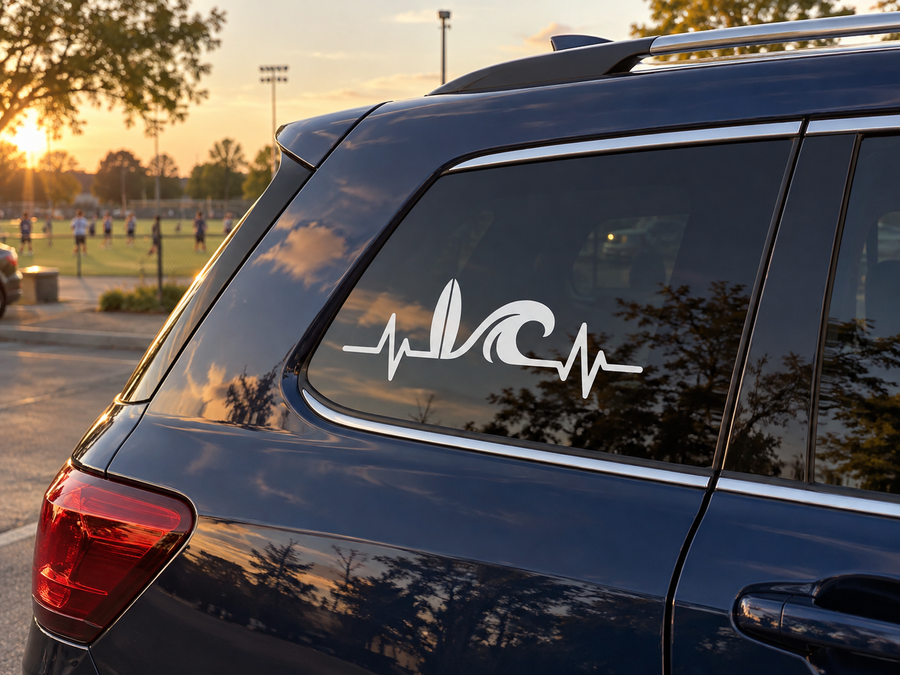 White surfing pulse line vinyl decal on car window, heartbeat and wave icon