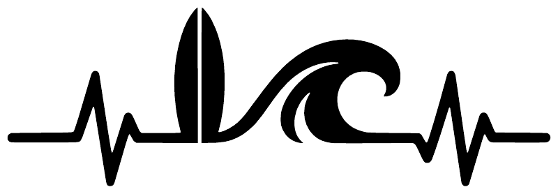White surfing pulse line vinyl decal graphic, heartbeat with surfboard and wave