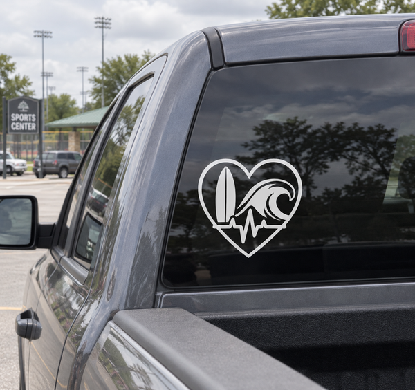 White surfboard heart with heartbeat line vinyl decal on car window