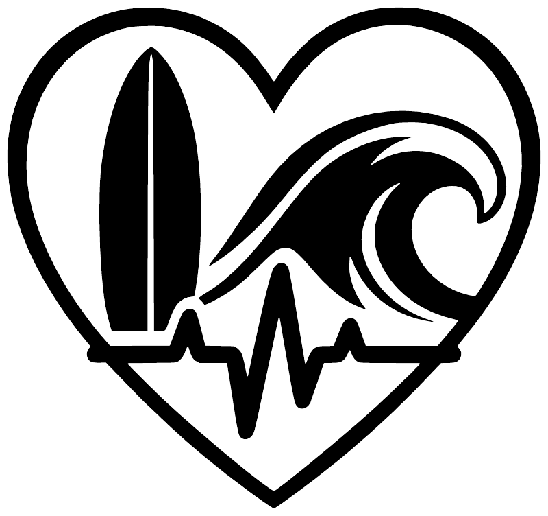 Surfboard heart and heartbeat vinyl decal with bold black outline