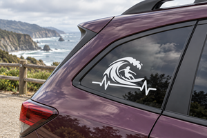 Vinyl decal: black surfer silhouette with heartbeat line on car window