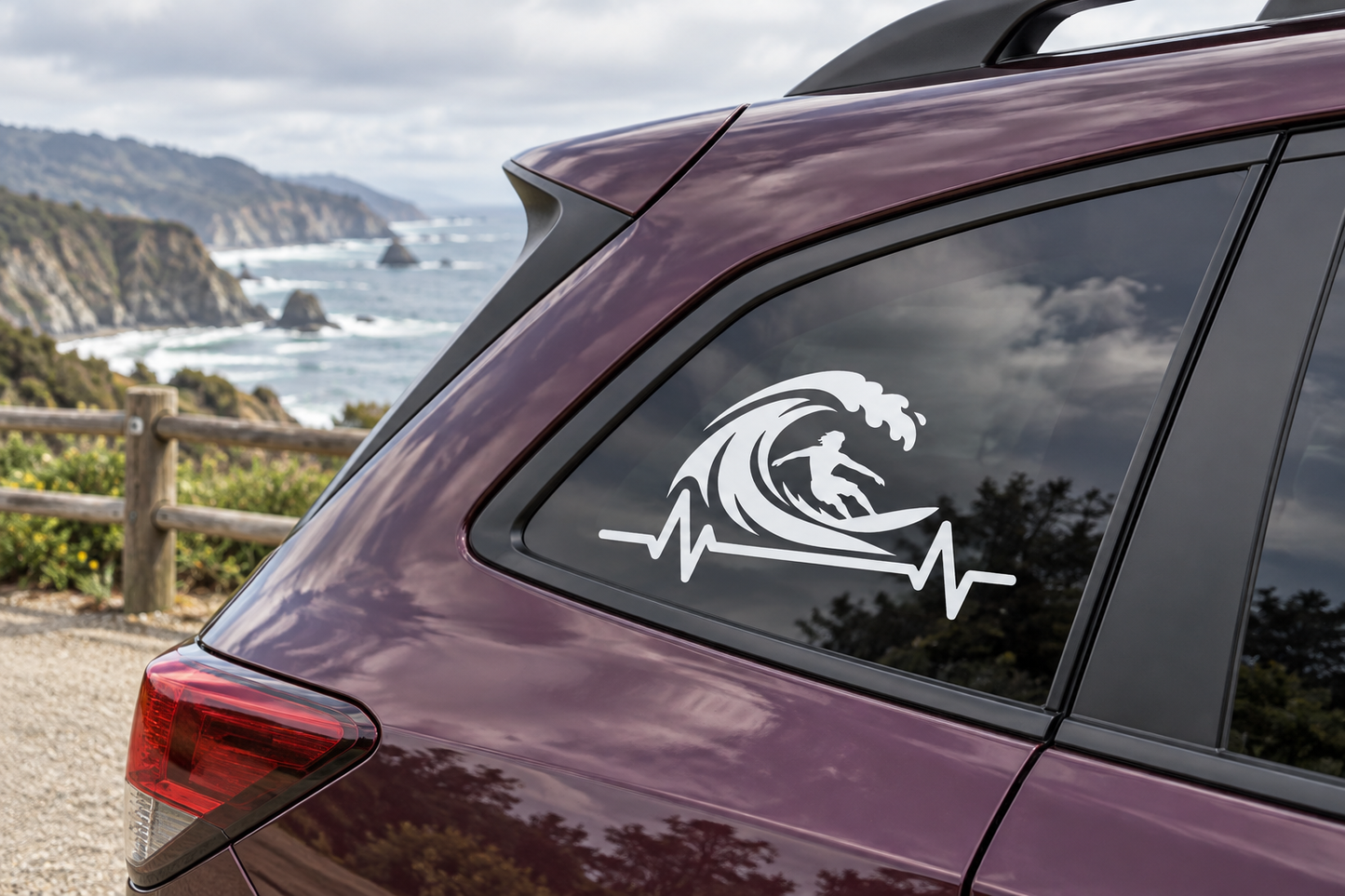 Vinyl decal: black surfer silhouette with heartbeat line on car window