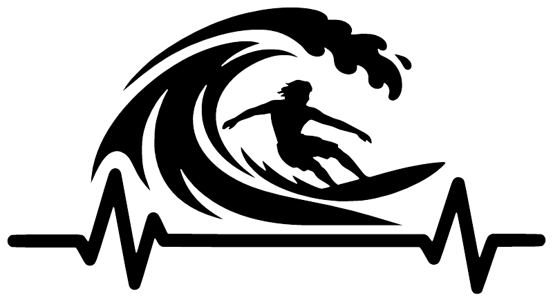 Vinyl decal of black surfer with wave and heartbeat line on white background