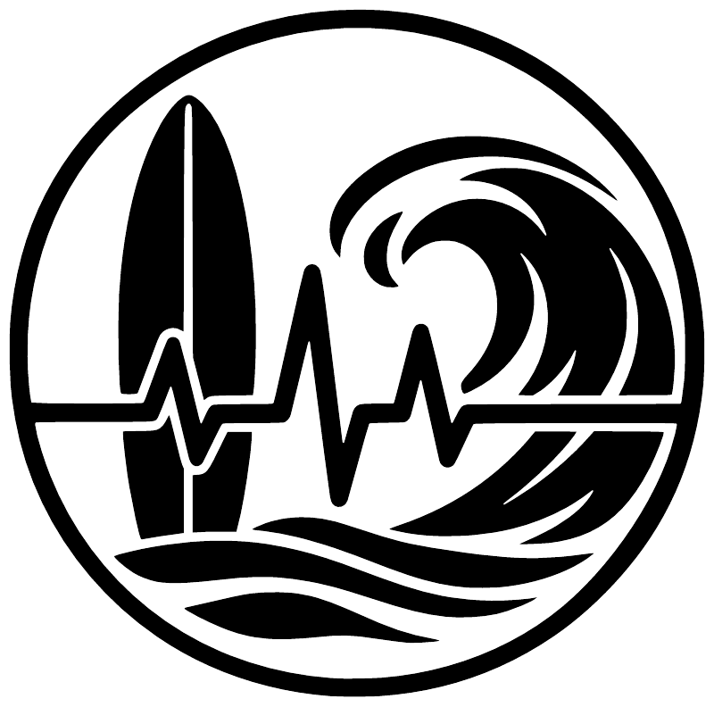 Surfing rhythm vinyl decal logo: surfboard, wave and heartbeat inside circle