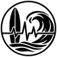 Surfing rhythm vinyl decal logo: surfboard, wave and heartbeat inside circle