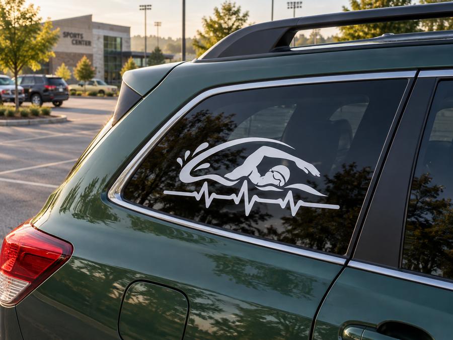 Swimmer silhouette vinyl decal with pulse line on car rear window
