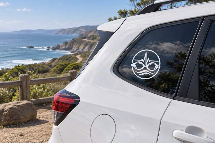 Swimming rhythm badge vinyl decal with swimmer goggles on car window glass