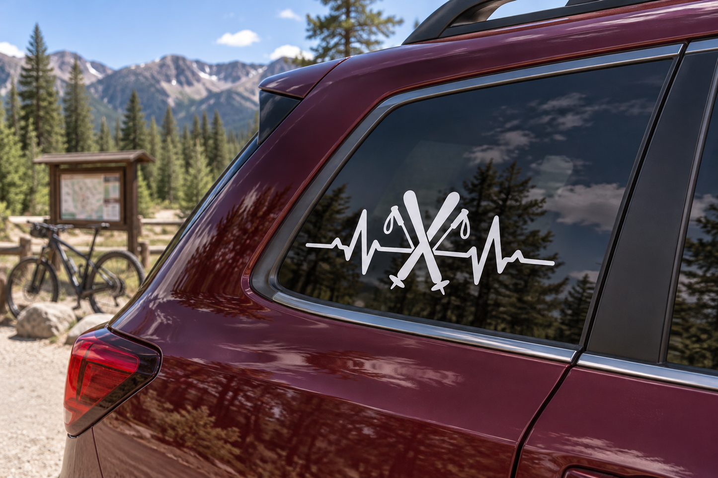 Skiing pulse line vinyl decal on car window, white heartbeat graphic with crossed skis