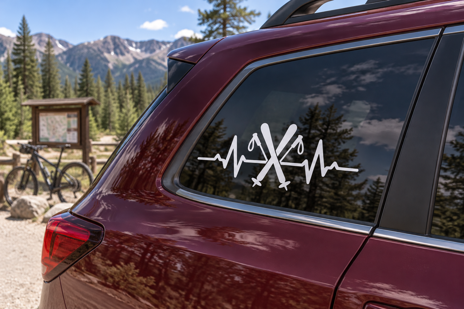 Skiing pulse line vinyl decal on car window, white heartbeat graphic with crossed skis