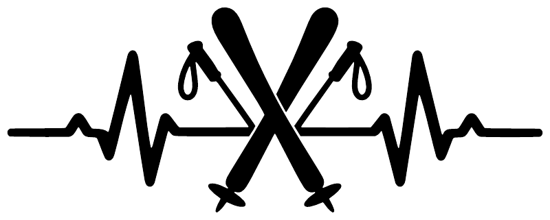 Vinyl decal graphic: black heartbeat line with crossed ski boots and poles on white