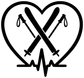 Close-up vinyl heart decal: crossed ski icons with arrows and heartbeat line