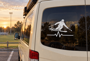 Skiing athlete pulse vinyl decal with white skier silhouette and heartbeat line