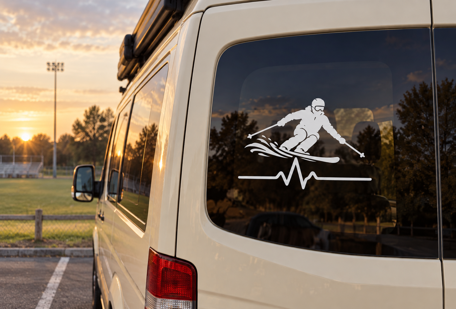 Skiing athlete pulse vinyl decal with white skier silhouette and heartbeat line