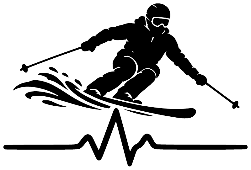 Skiing athlete pulse vinyl decal in black with skier silhouette, ski tracks, and heartbeat line