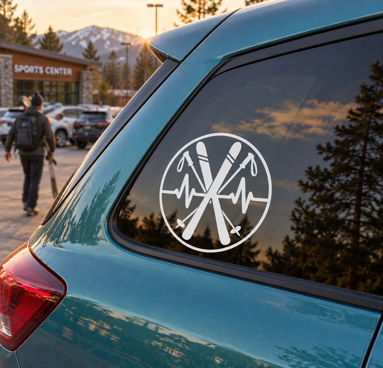 Skiing rhythm badge vinyl decal on car window: white circle with black ski icon