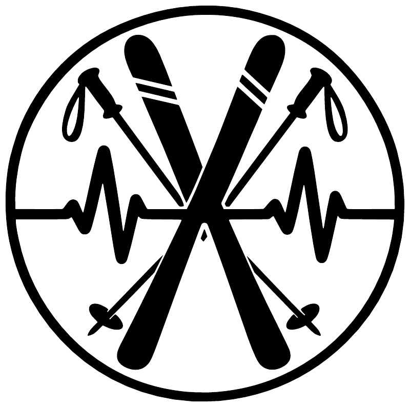 Skiing rhythm badge vinyl decal close-up: black skis and heartbeat line in white circle