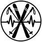 Skiing rhythm badge vinyl decal close-up: black skis and heartbeat line in white circle