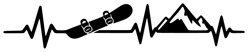 Snowboarding pulse line vinyl decal, black heartbeat line with snowboard and mountain peaks