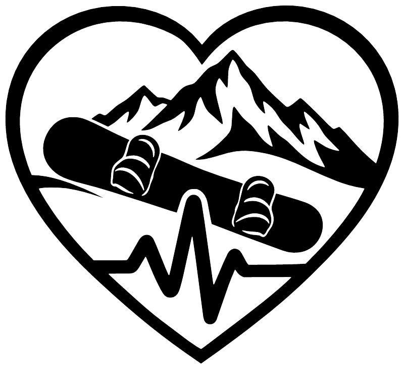Snowboarding heart-beat vinyl decal close-up: black snowboard and mountains with heartbeat line