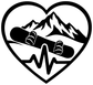 Snowboarding heart-beat vinyl decal close-up: black snowboard and mountains with heartbeat line