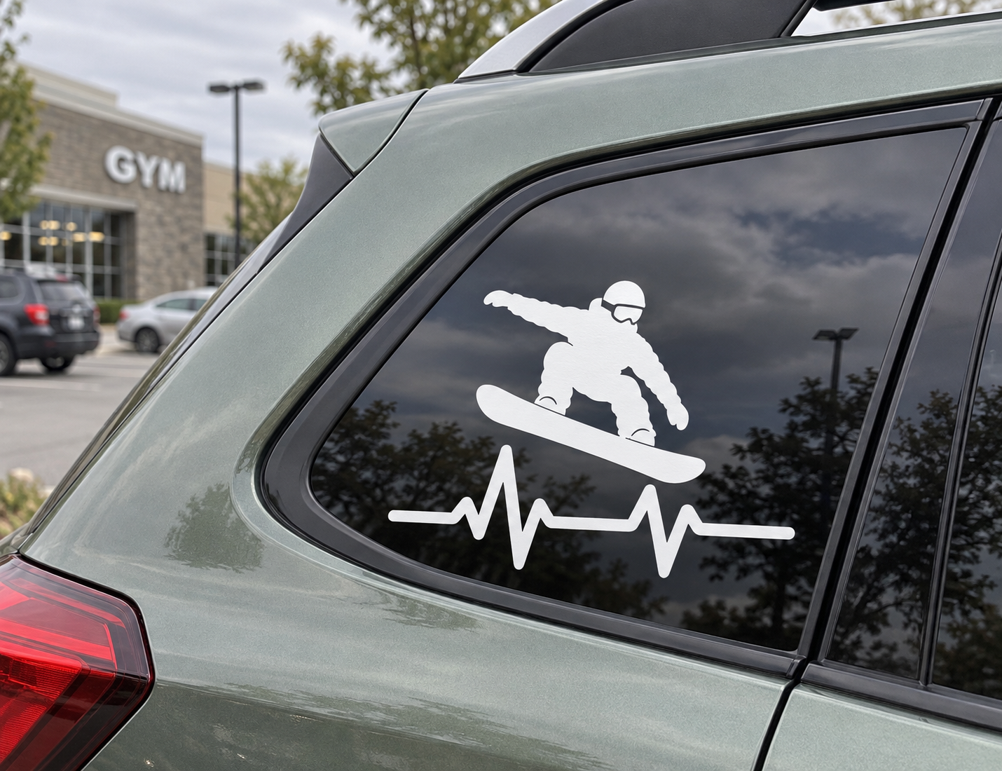 Snowboarding athlete pulse vinyl decal with white silhouette on car window