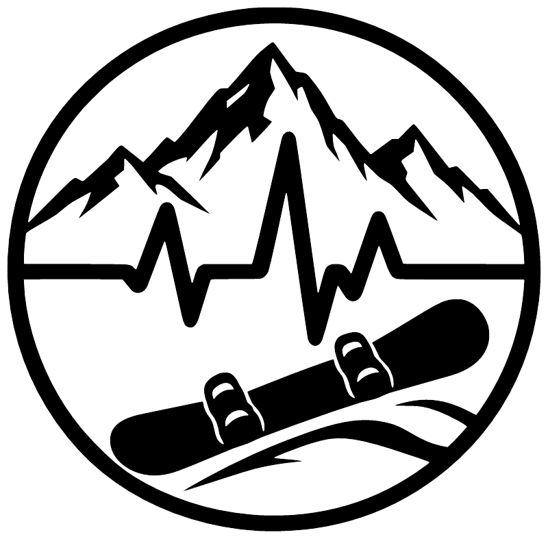 Close-up round decal: mountain peaks, heartbeat waveform, and snowboard with boot icons