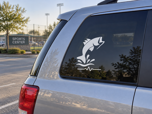 SportsHeartbeatCX109 fishing vinyl decal on car window, black fish with wave line