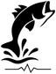 Fishing vinyl decal close-up, black fish silhouette with pulse wave and dot accents