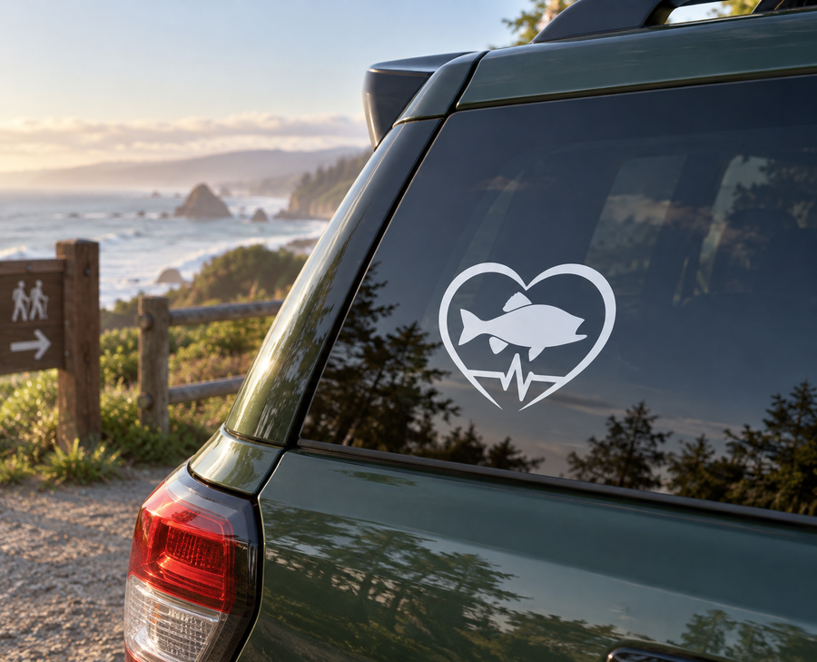 Vinyl decal of fish in heart with heartbeat line, white icon on dark window