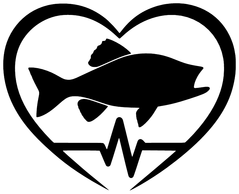 Fishing heart beat vinyl decal graphic: black fish in white heart with heartbeat