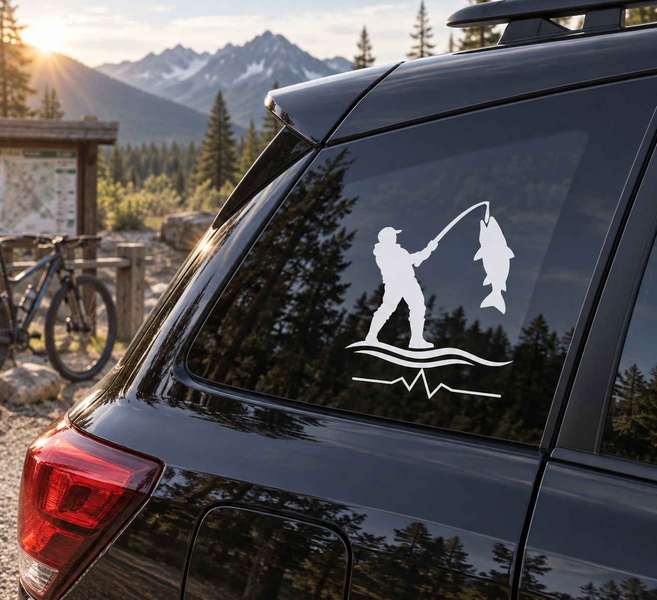 Fishing athlete pulse vinyl decal on dark car window, angler and fish silhouettes on waveform