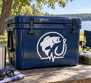 Fishing rhythm badge vinyl decal with fish icon in circular outline and heartbeat line