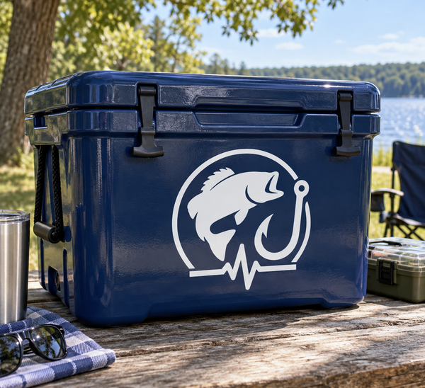 Fishing rhythm badge vinyl decal with fish icon in circular outline and heartbeat line