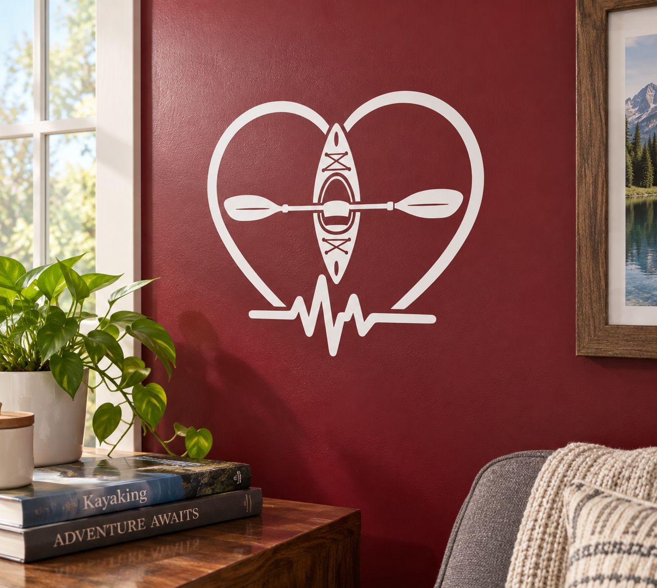 Kayaking heart beat vinyl decal: white heart with kayak paddle and heartbeat line